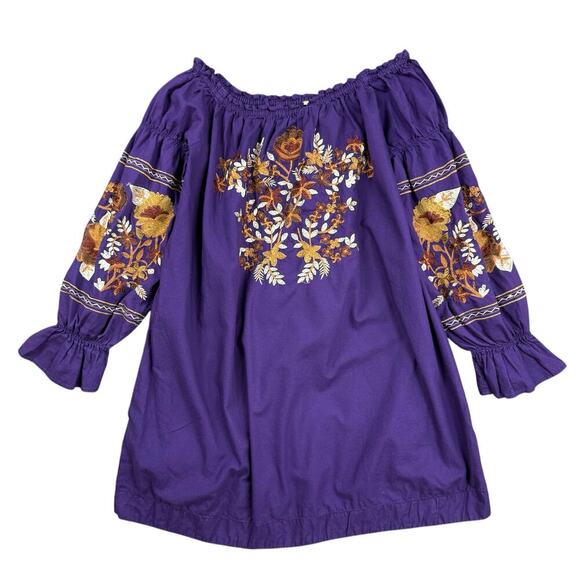 Free People‎ Fleur Shift Off Shoulder Dress Large Lavender Floral Embroidered - Picture 1 of 10